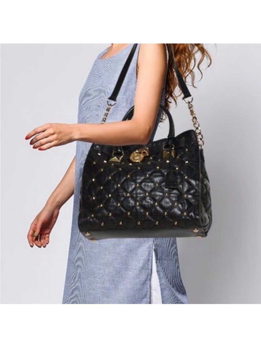 Michael Kors Black Hamilton Studded Quilted Leather Tote with Gold Hardware - Picture 9 of 12